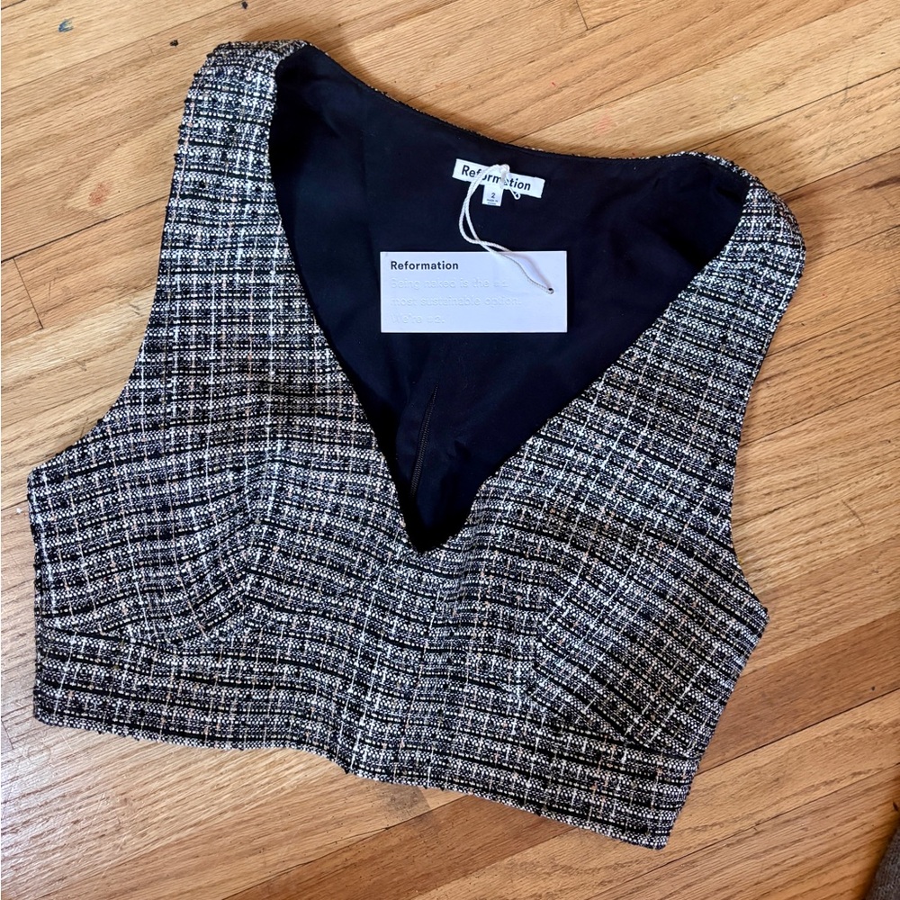 Reformation Black and White Plaid Tweed Zuri Top